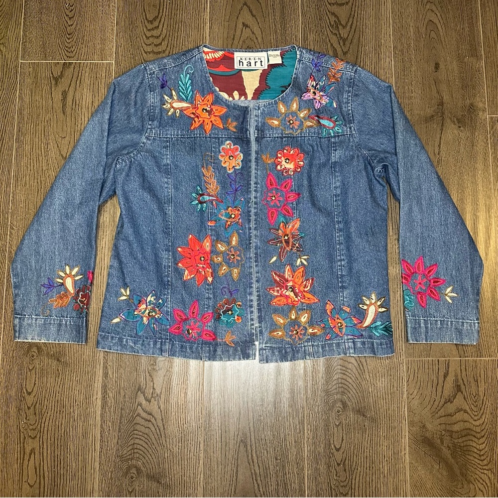 KEREN hart Embroidered Blue Denim Jacket with Colorful Floral Accents
